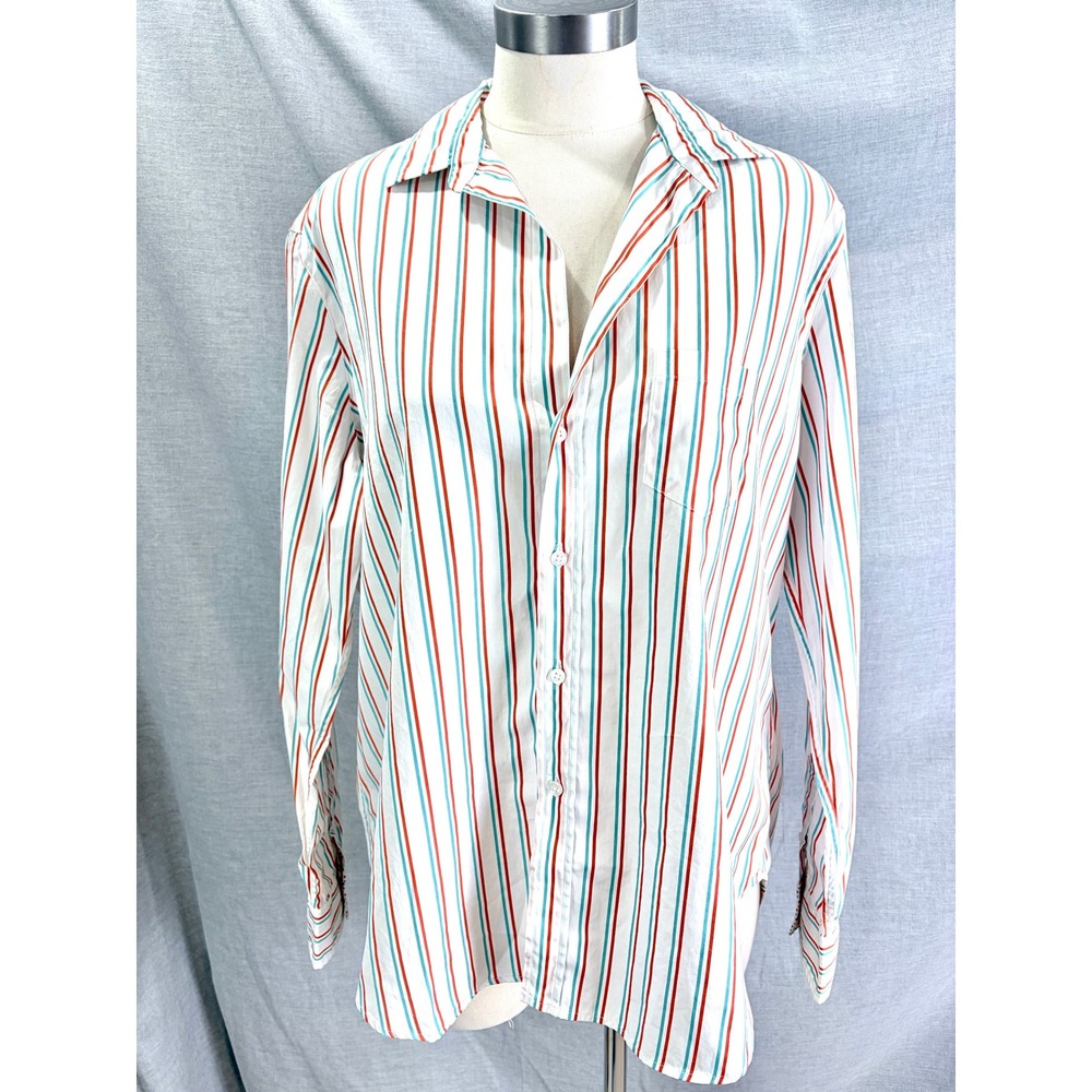 Frank & Eileen Eileen Striped Button Up Shirt White Orange Teal Cotton Women M